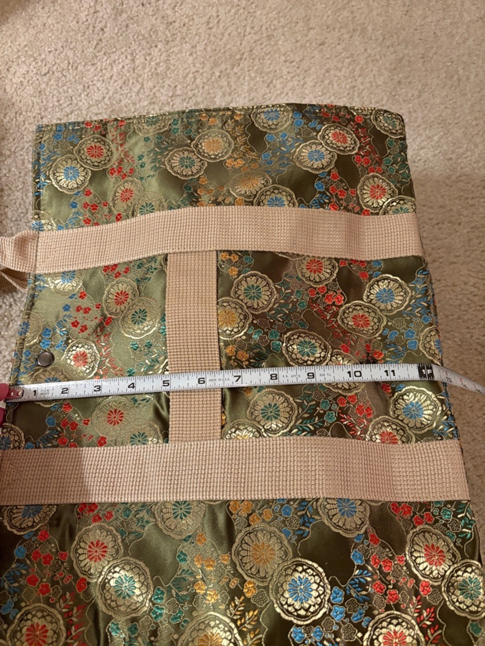 Oriental Olive Green Vibrant Floral Jacquard Satin Tote Bag with Beige Straps - Picture 11 of 16